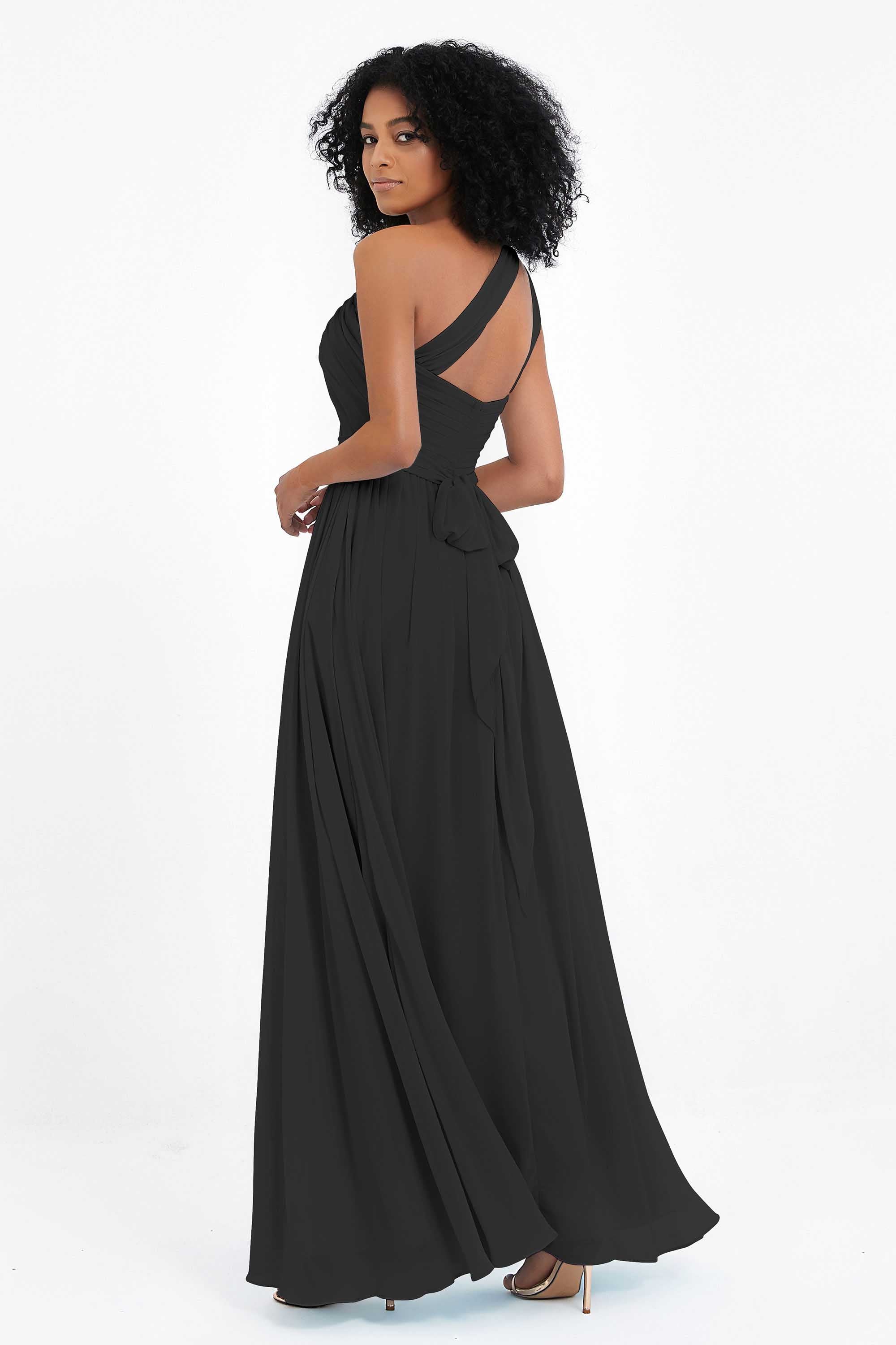 One Shoulder Chiffon Maxi Bridesmaid Dress Ruched Pleated Sleeveless Formal Evening Dresses