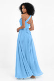 One Shoulder Chiffon Maxi Bridesmaid Dress Ruched Pleated Sleeveless Formal Evening Dresses