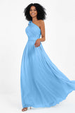 One Shoulder Chiffon Maxi Bridesmaid Dress Ruched Pleated Sleeveless Formal Evening Dresses