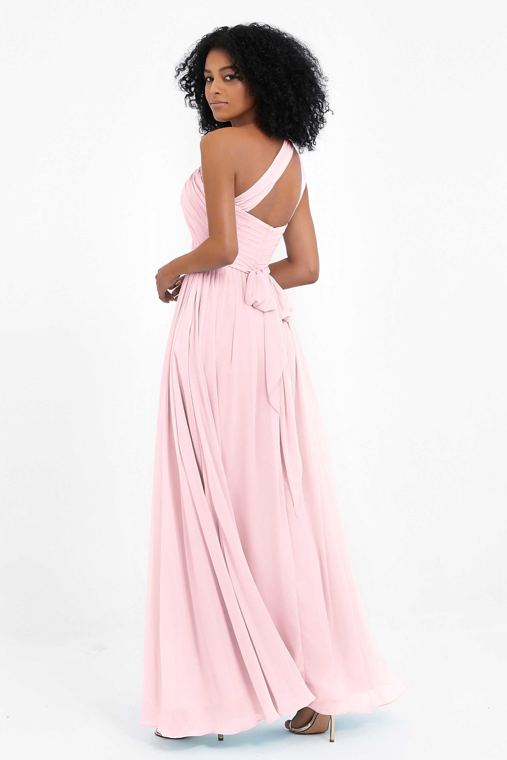 One Shoulder Chiffon Maxi Bridesmaid Dress Ruched Pleated Sleeveless Formal Evening Dresses