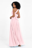 One Shoulder Chiffon Maxi Bridesmaid Dress Ruched Pleated Sleeveless Formal Evening Dresses