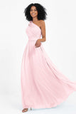 One Shoulder Chiffon Maxi Bridesmaid Dress Ruched Pleated Sleeveless Formal Evening Dresses