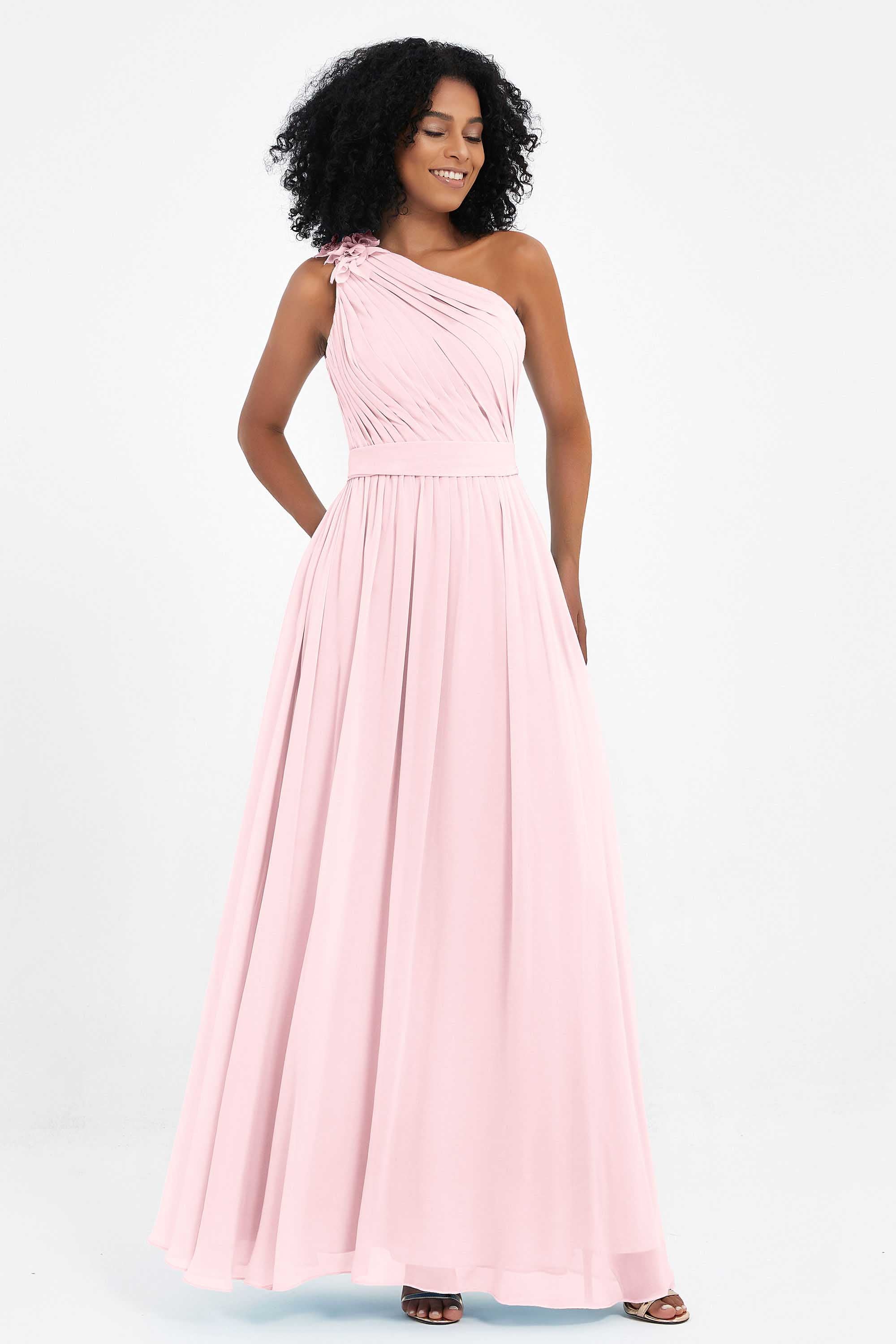 One Shoulder Chiffon Maxi Bridesmaid Dress Ruched Pleated Sleeveless Formal Evening Dresses
