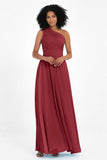 One Shoulder Chiffon Maxi Bridesmaid Dress Ruched Pleated Sleeveless Formal Evening Dresses