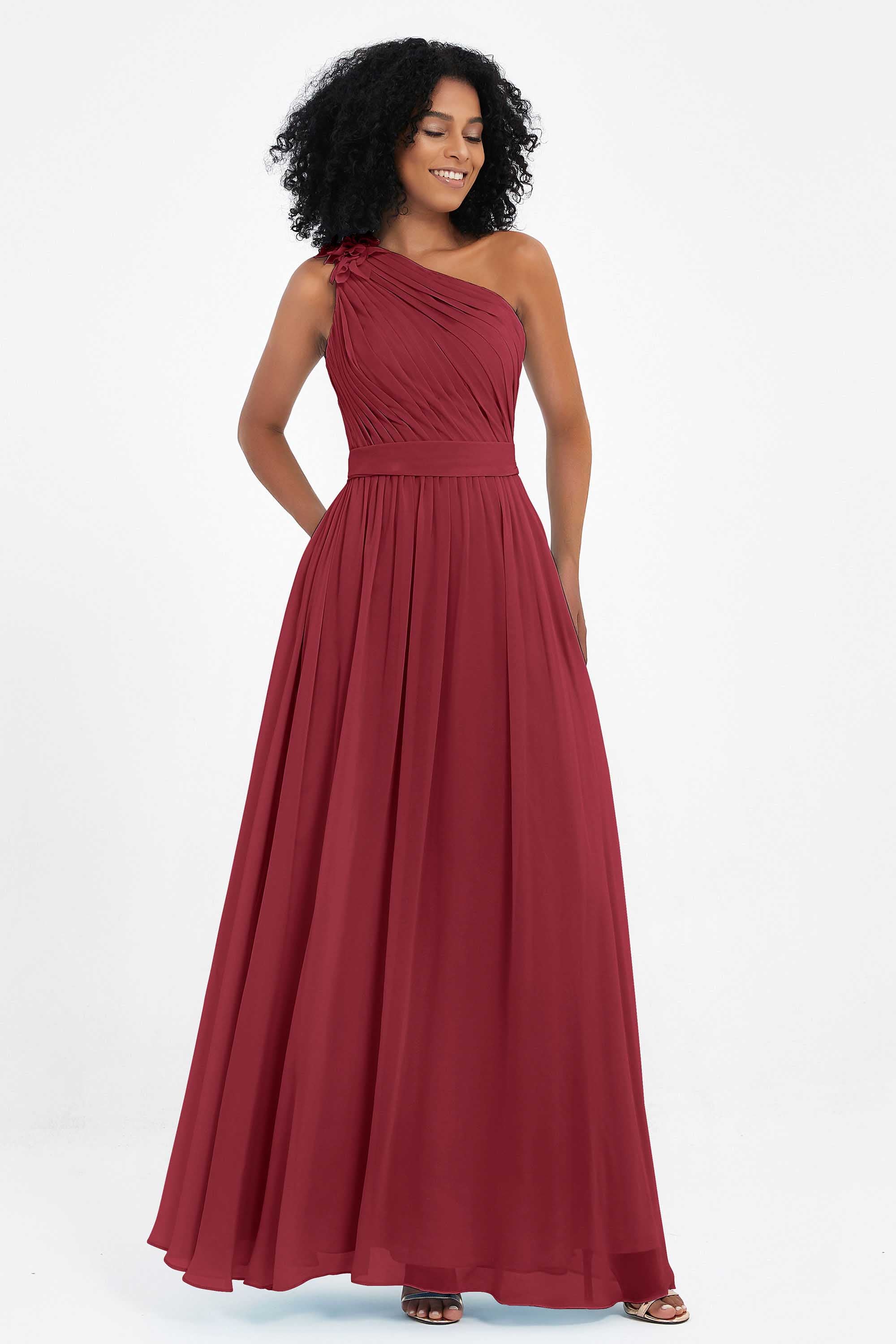 One Shoulder Chiffon Maxi Bridesmaid Dress Ruched Pleated Sleeveless Formal Evening Dresses