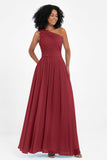 One Shoulder Chiffon Maxi Bridesmaid Dress Ruched Pleated Sleeveless Formal Evening Dresses