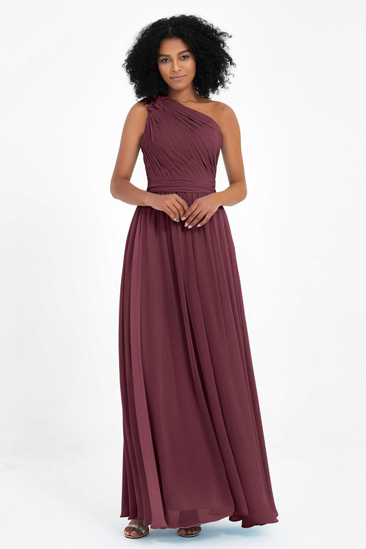 One Shoulder Chiffon Maxi Bridesmaid Dress Ruched Pleated Sleeveless Formal Evening Dresses
