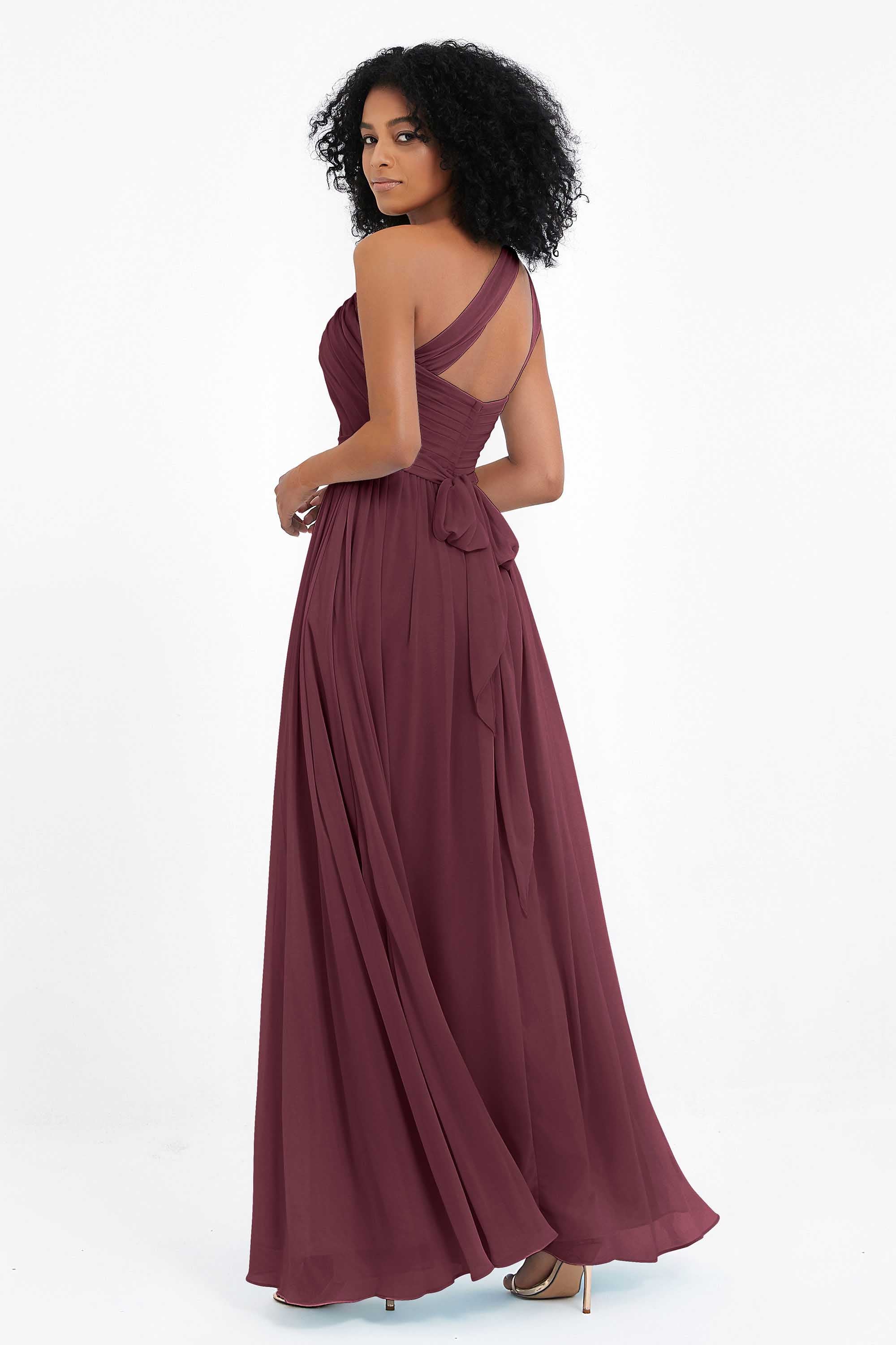 One Shoulder Chiffon Maxi Bridesmaid Dress Ruched Pleated Sleeveless Formal Evening Dresses