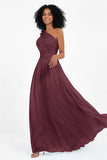 One Shoulder Chiffon Maxi Bridesmaid Dress Ruched Pleated Sleeveless Formal Evening Dresses