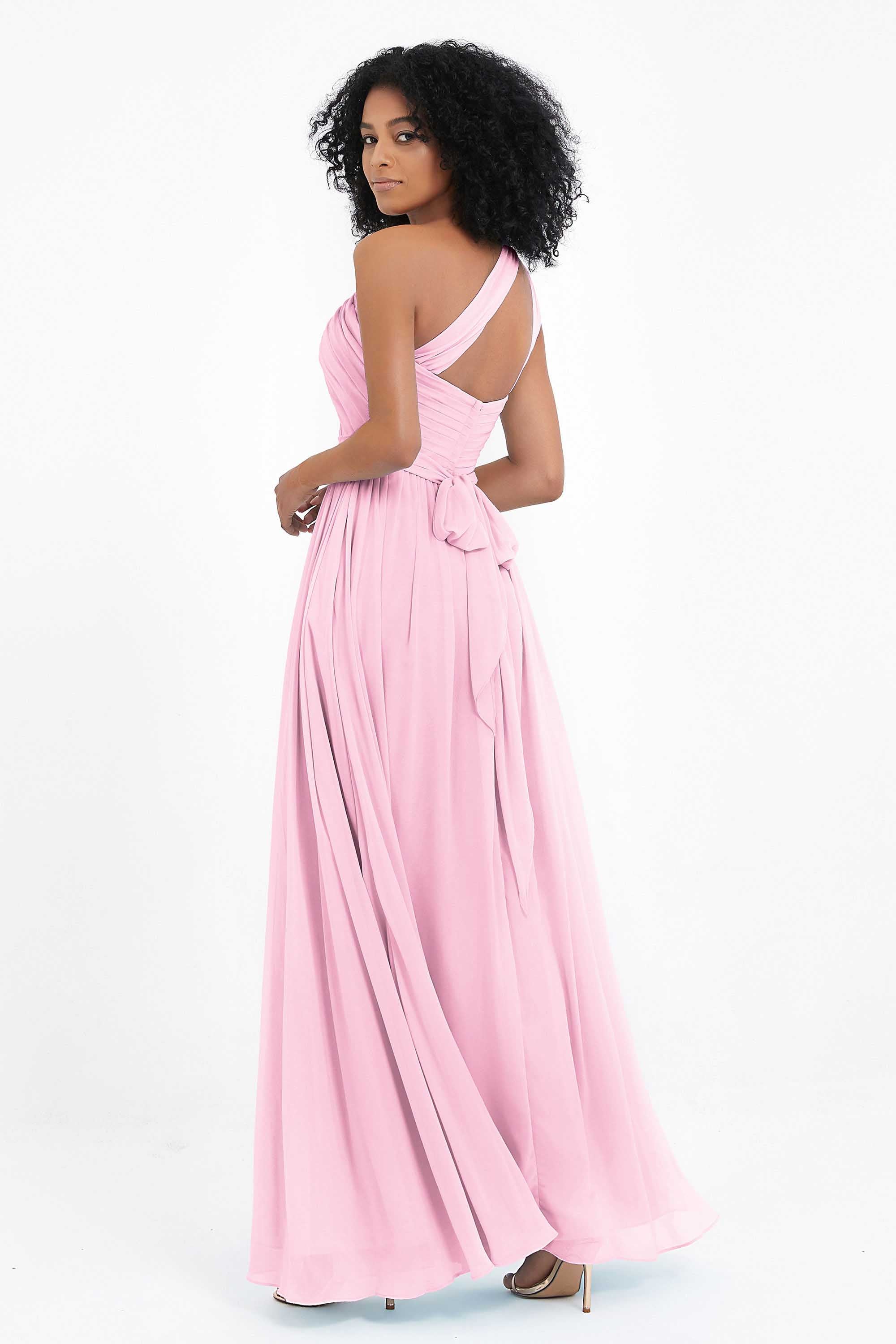 One Shoulder Chiffon Maxi Bridesmaid Dress Ruched Pleated Sleeveless Formal Evening Dresses