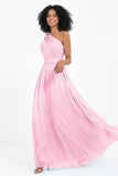 One Shoulder Chiffon Maxi Bridesmaid Dress Ruched Pleated Sleeveless Formal Evening Dresses
