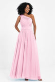 One Shoulder Chiffon Maxi Bridesmaid Dress Ruched Pleated Sleeveless Formal Evening Dresses