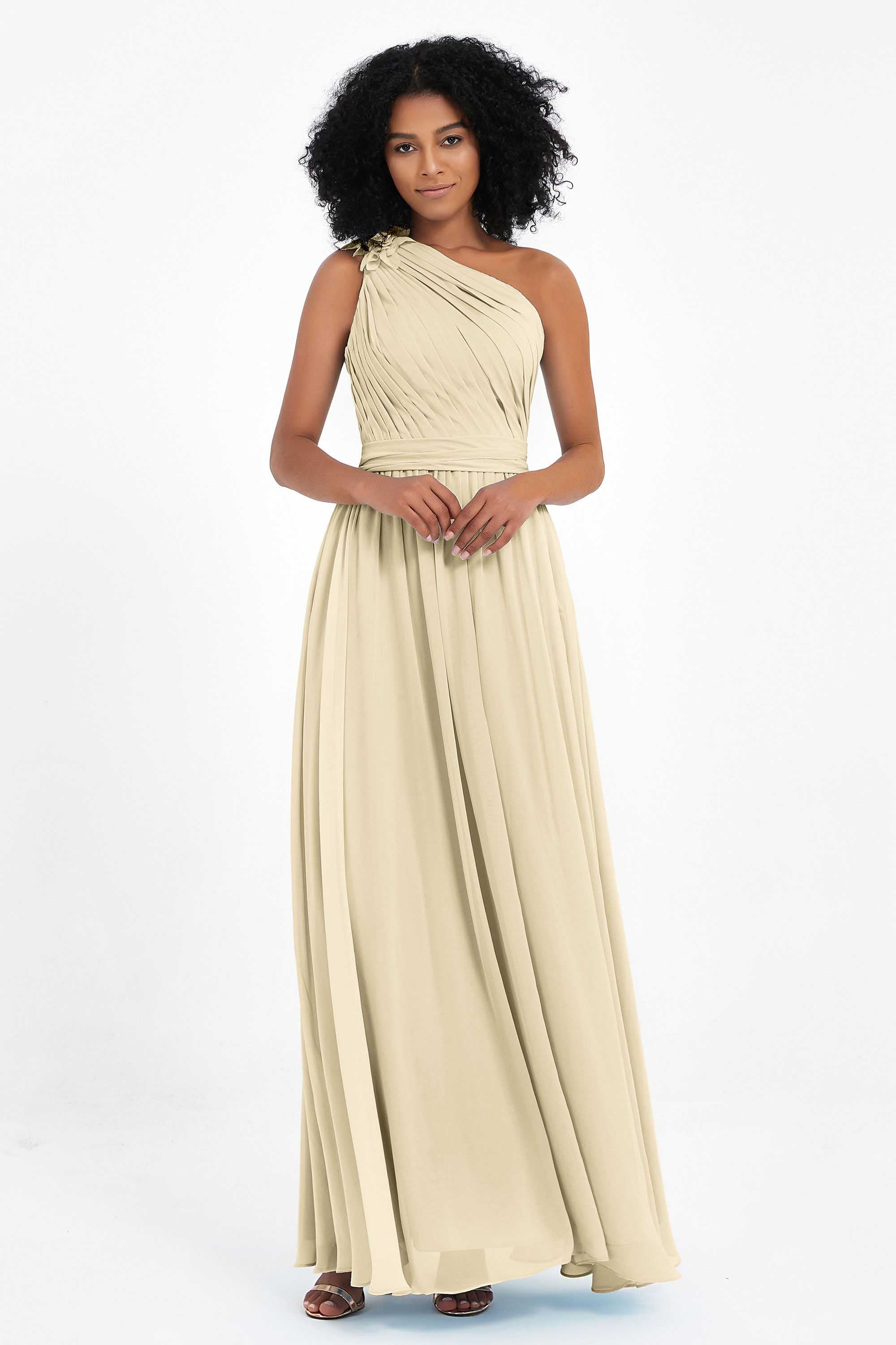 One Shoulder Chiffon Maxi Bridesmaid Dress Ruched Pleated Sleeveless Formal Evening Dresses