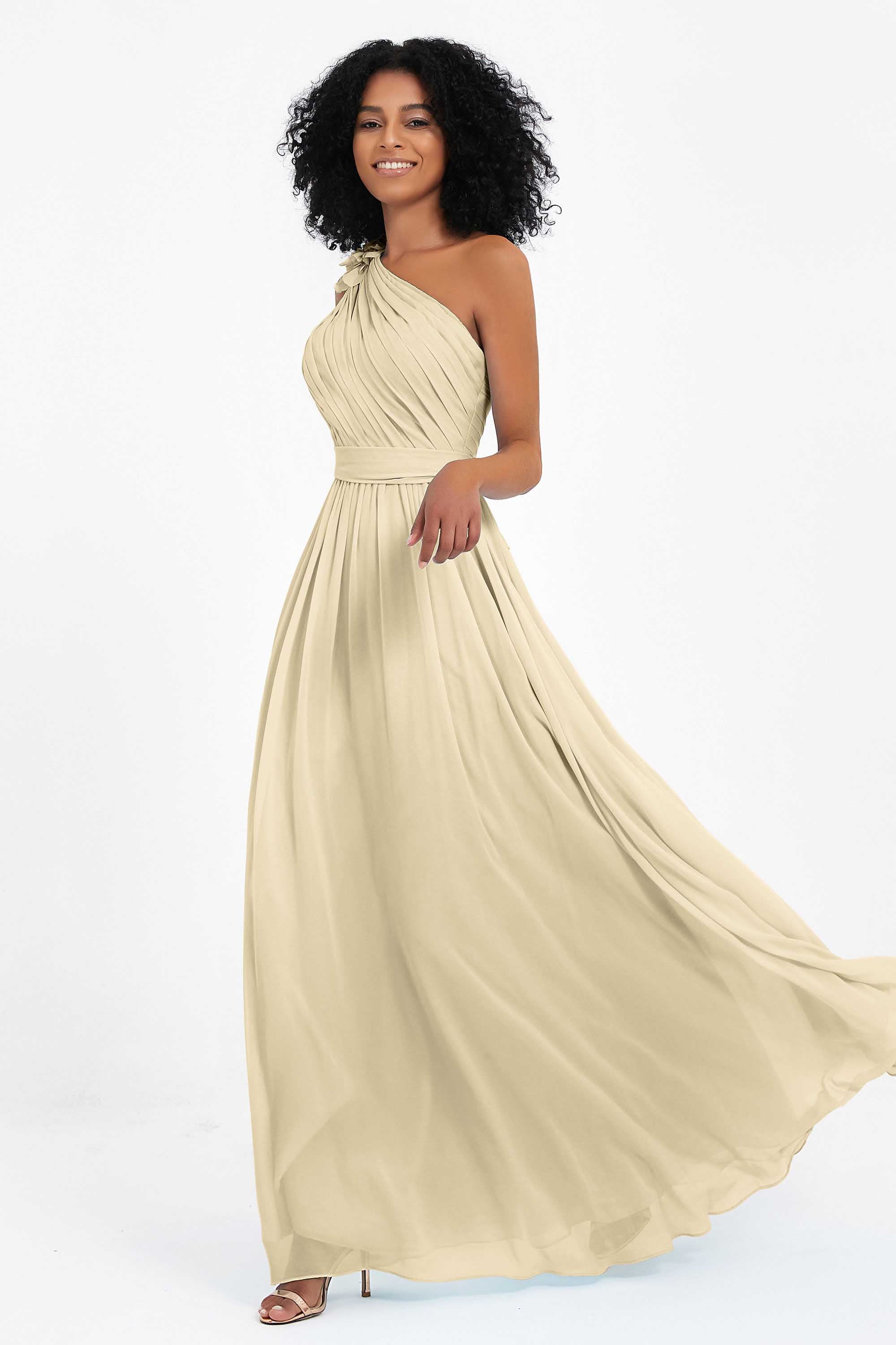 One Shoulder Chiffon Maxi Bridesmaid Dress Ruched Pleated Sleeveless Formal Evening Dresses