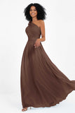 One Shoulder Chiffon Maxi Bridesmaid Dress Ruched Pleated Sleeveless Formal Evening Dresses