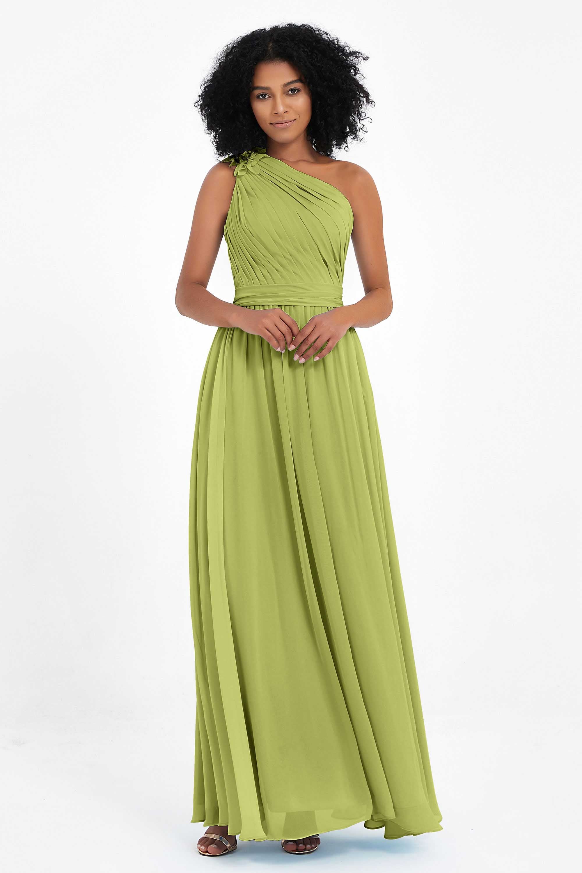 One Shoulder Chiffon Maxi Bridesmaid Dress Ruched Pleated Sleeveless Formal Evening Dresses