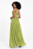 One Shoulder Chiffon Maxi Bridesmaid Dress Ruched Pleated Sleeveless Formal Evening Dresses