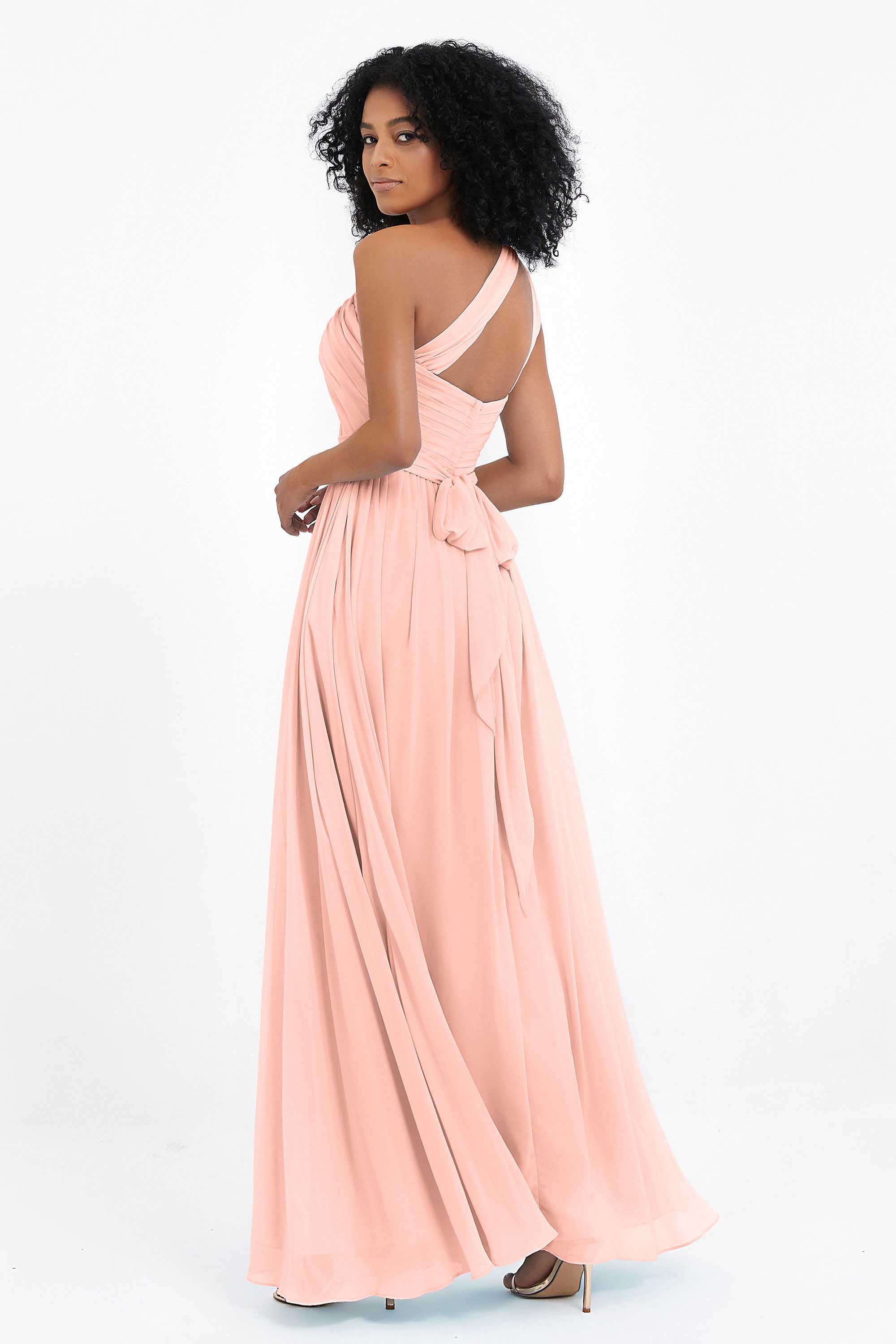 One Shoulder Chiffon Maxi Bridesmaid Dress Ruched Pleated Sleeveless Formal Evening Dresses
