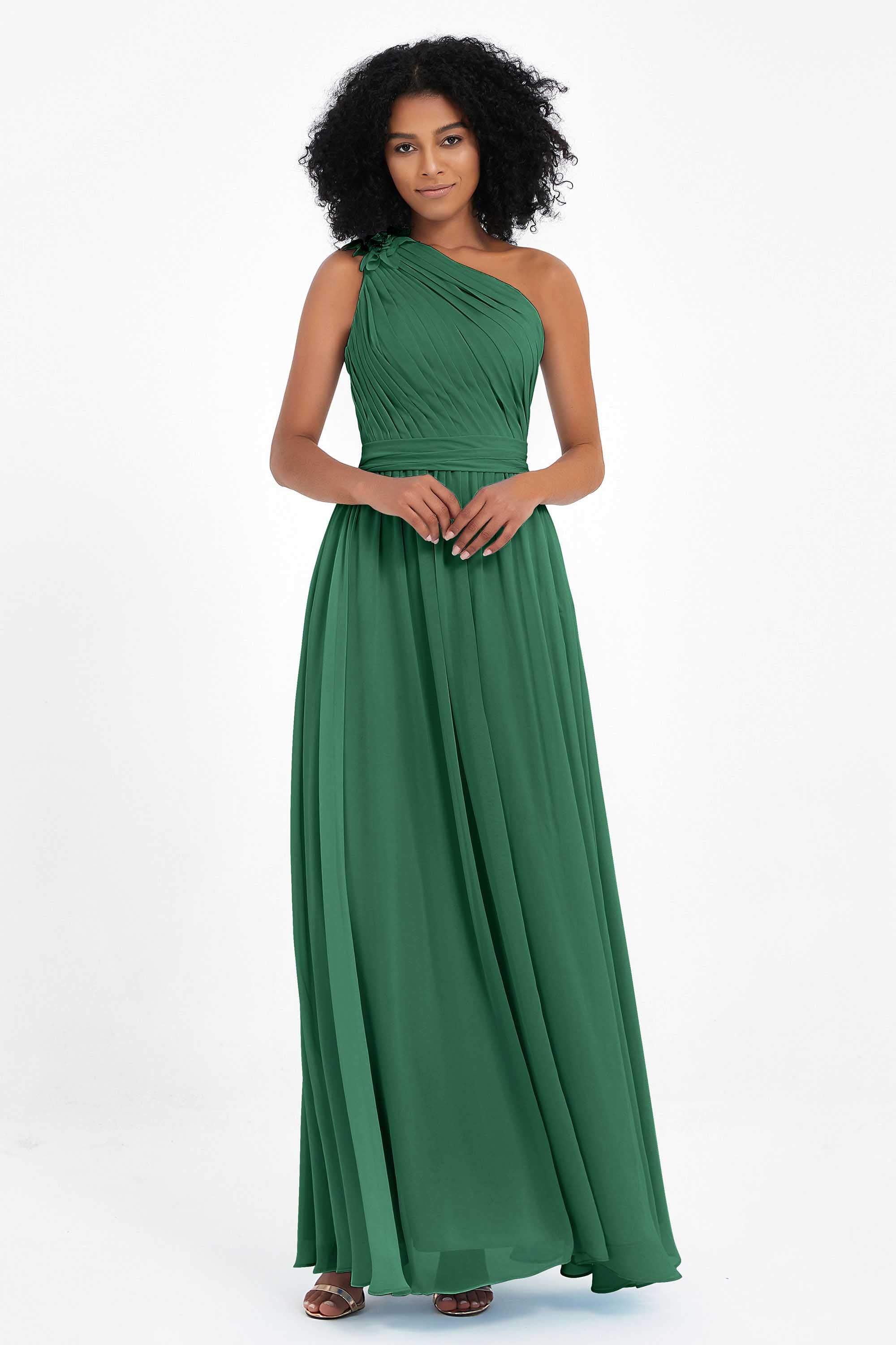 One Shoulder Chiffon Maxi Bridesmaid Dress Ruched Pleated Sleeveless Formal Evening Dresses