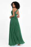 One Shoulder Chiffon Maxi Bridesmaid Dress Ruched Pleated Sleeveless Formal Evening Dresses