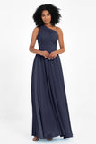 One Shoulder Chiffon Maxi Bridesmaid Dress Ruched Pleated Sleeveless Formal Evening Dresses