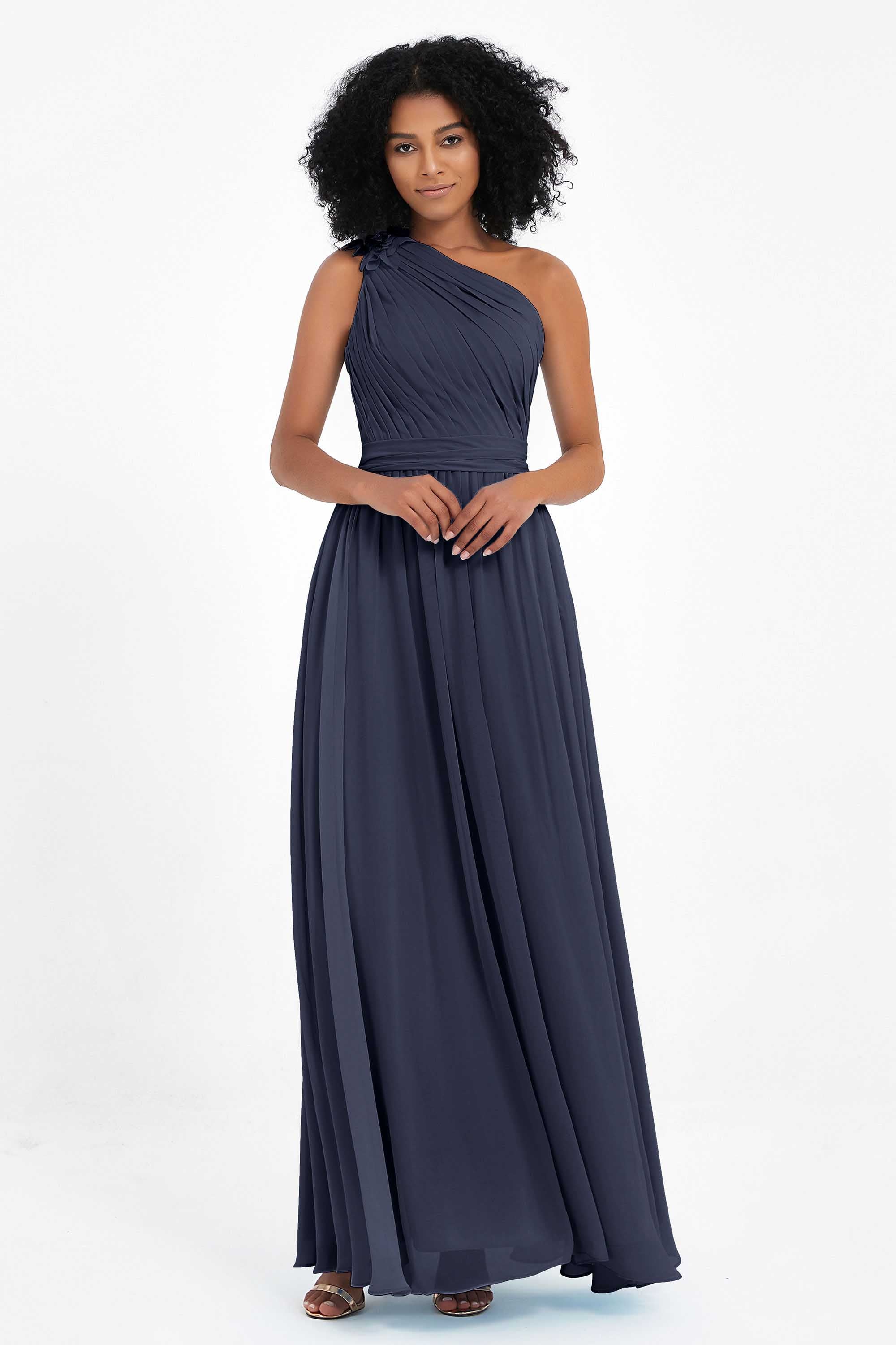 One Shoulder Chiffon Maxi Bridesmaid Dress Ruched Pleated Sleeveless Formal Evening Dresses