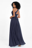 One Shoulder Chiffon Maxi Bridesmaid Dress Ruched Pleated Sleeveless Formal Evening Dresses