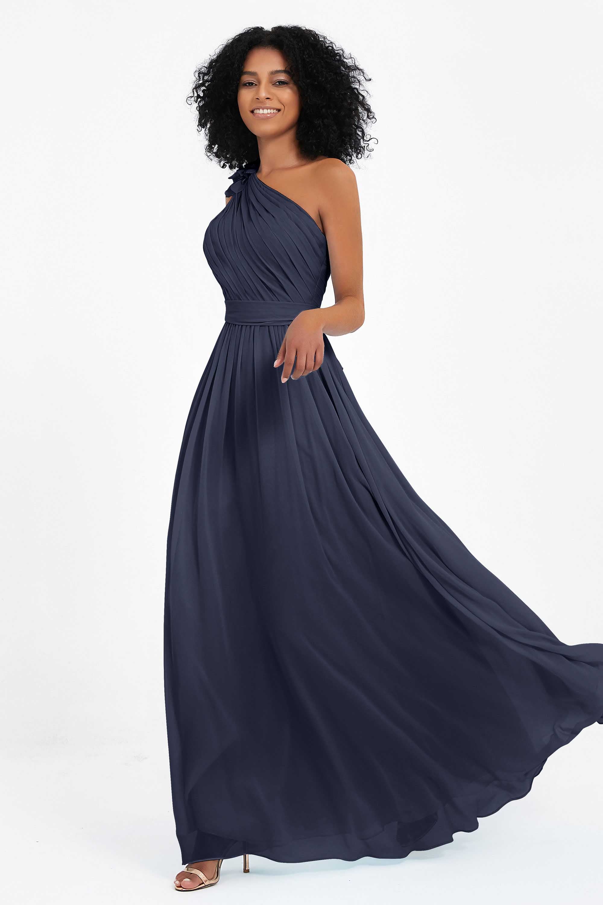 One Shoulder Chiffon Maxi Bridesmaid Dress Ruched Pleated Sleeveless Formal Evening Dresses