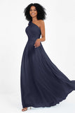 One Shoulder Chiffon Maxi Bridesmaid Dress Ruched Pleated Sleeveless Formal Evening Dresses