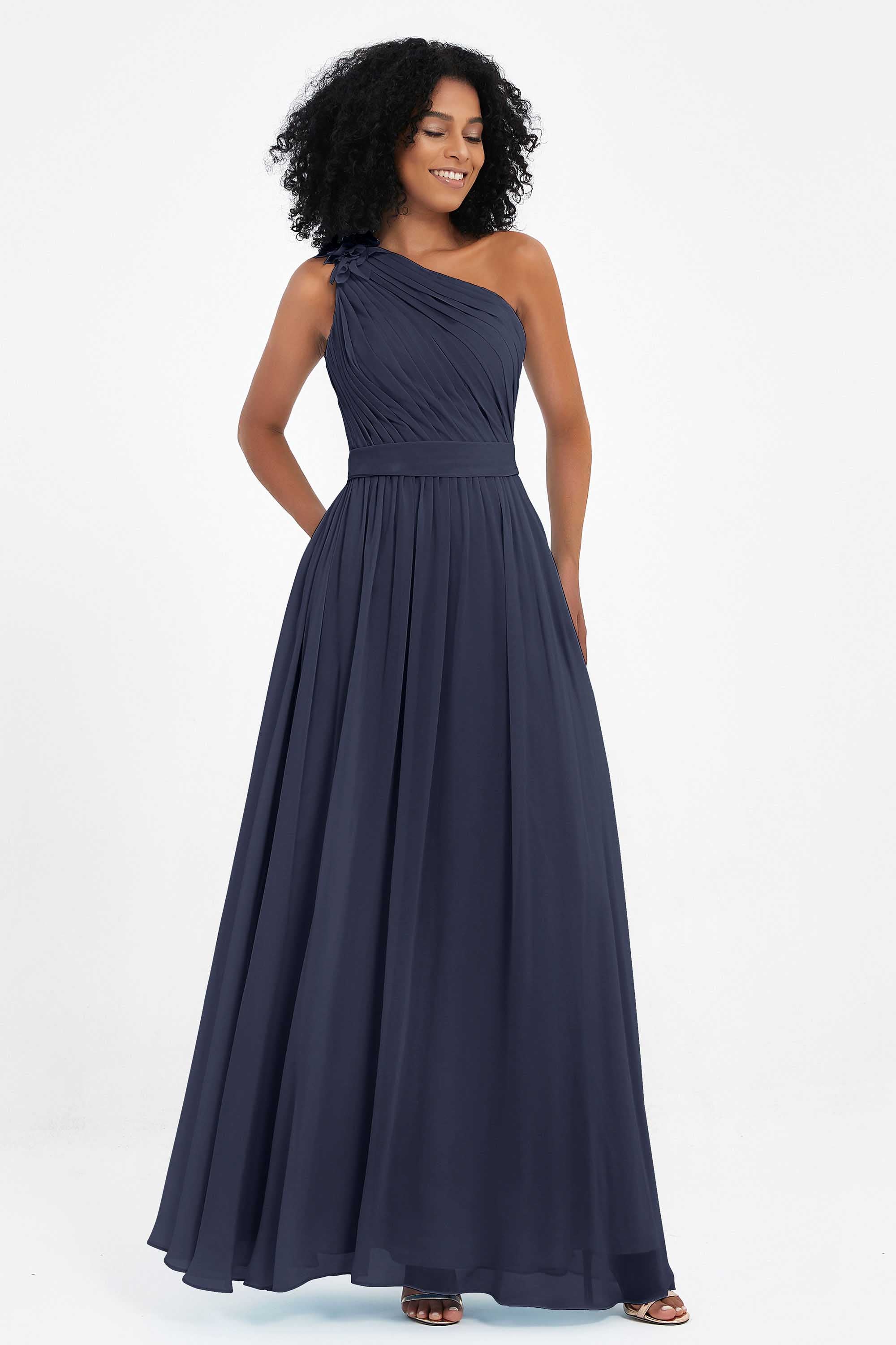 One Shoulder Chiffon Maxi Bridesmaid Dress Ruched Pleated Sleeveless Formal Evening Dresses