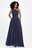 One Shoulder Chiffon Maxi Bridesmaid Dress Ruched Pleated Sleeveless Formal Evening Dresses