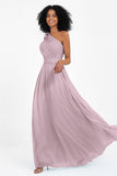 One Shoulder Chiffon Maxi Bridesmaid Dress Ruched Pleated Sleeveless Formal Evening Dresses