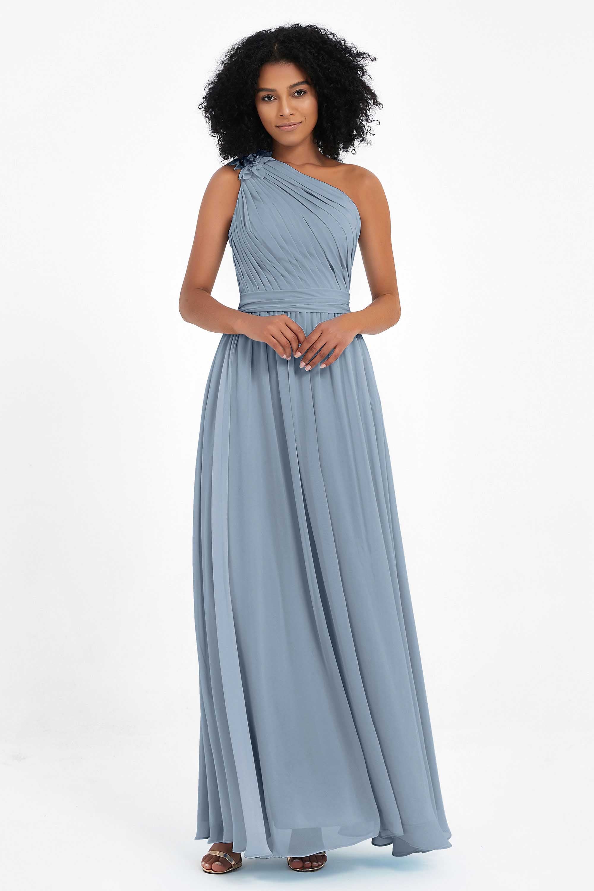 One Shoulder Chiffon Maxi Bridesmaid Dress Ruched Pleated Sleeveless Formal Evening Dresses