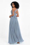 One Shoulder Chiffon Maxi Bridesmaid Dress Ruched Pleated Sleeveless Formal Evening Dresses