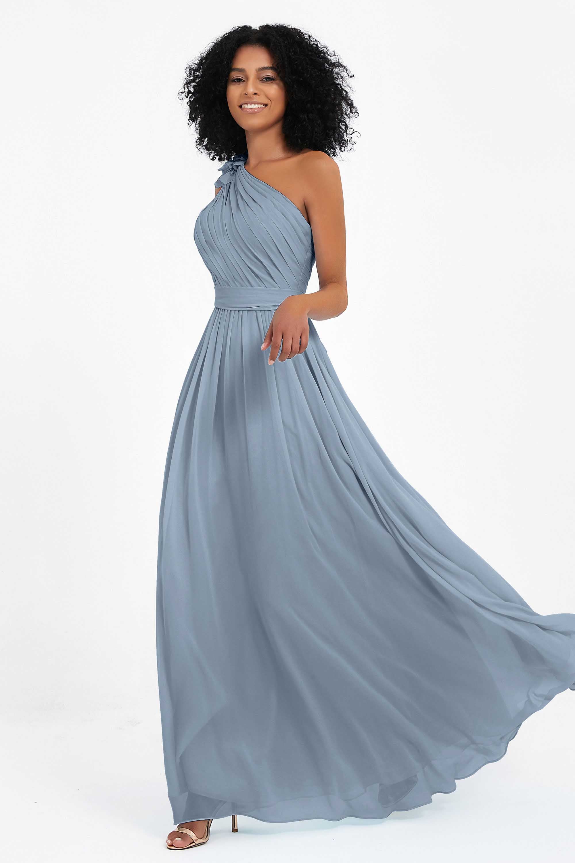 One Shoulder Chiffon Maxi Bridesmaid Dress Ruched Pleated Sleeveless Formal Evening Dresses