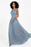 One Shoulder Chiffon Maxi Bridesmaid Dress Ruched Pleated Sleeveless Formal Evening Dresses