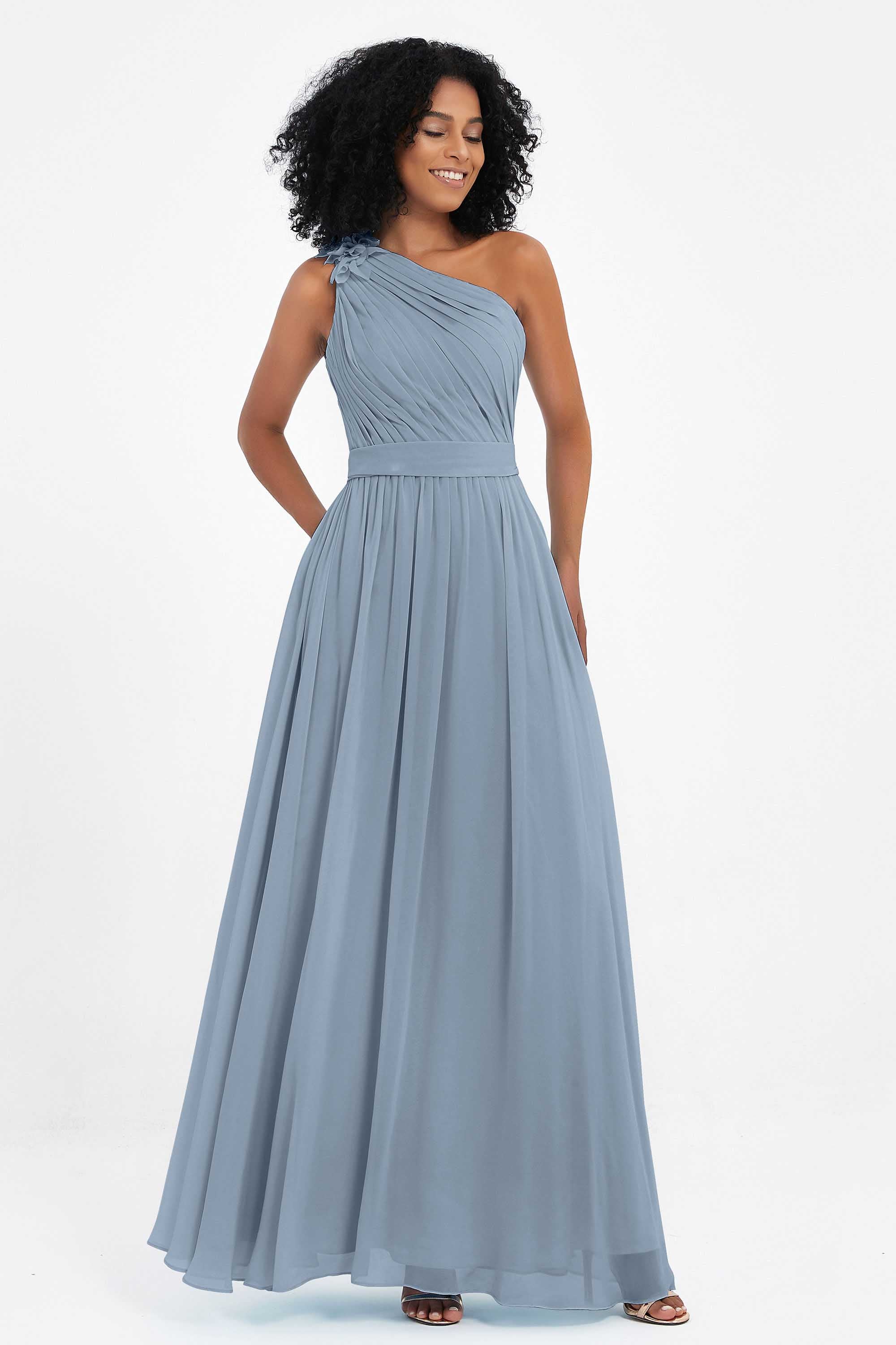 One Shoulder Chiffon Maxi Bridesmaid Dress Ruched Pleated Sleeveless Formal Evening Dresses