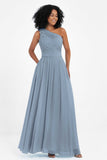 One Shoulder Chiffon Maxi Bridesmaid Dress Ruched Pleated Sleeveless Formal Evening Dresses