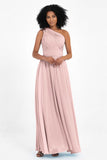 One Shoulder Chiffon Maxi Bridesmaid Dress Ruched Pleated Sleeveless Formal Evening Dresses