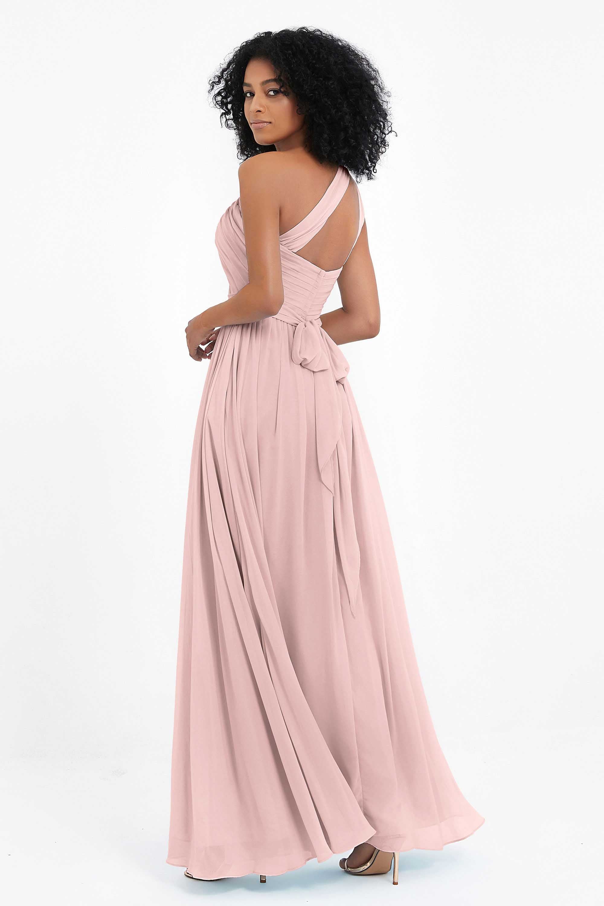 One Shoulder Chiffon Maxi Bridesmaid Dress Ruched Pleated Sleeveless Formal Evening Dresses