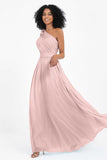 One Shoulder Chiffon Maxi Bridesmaid Dress Ruched Pleated Sleeveless Formal Evening Dresses