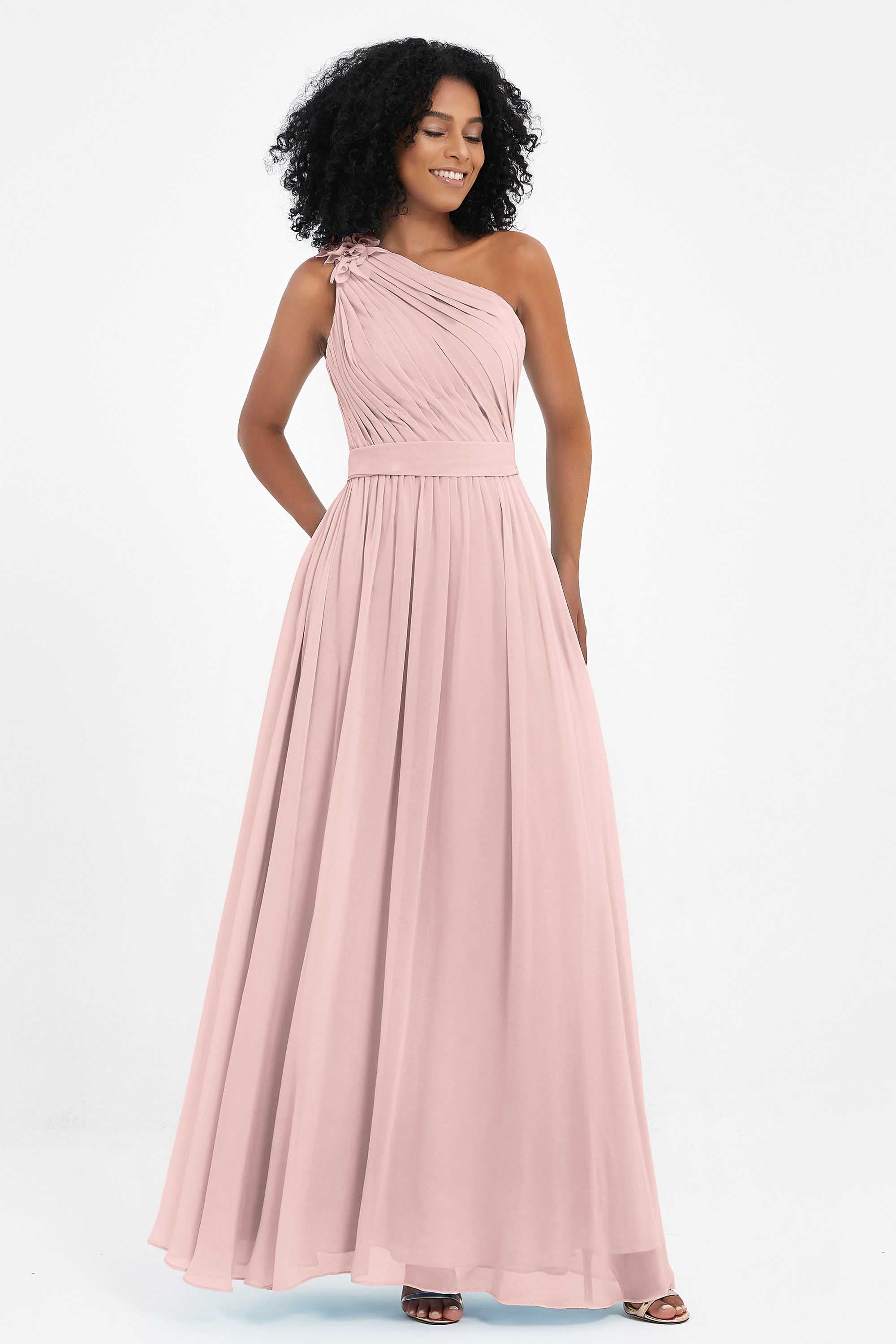One Shoulder Chiffon Maxi Bridesmaid Dress Ruched Pleated Sleeveless Formal Evening Dresses