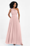 One Shoulder Chiffon Maxi Bridesmaid Dress Ruched Pleated Sleeveless Formal Evening Dresses