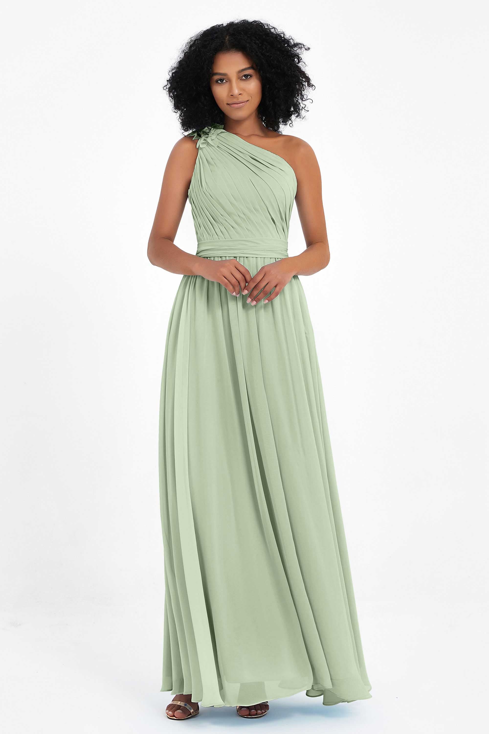 One Shoulder Chiffon Maxi Bridesmaid Dress Ruched Pleated Sleeveless Formal Evening Dresses