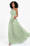 One Shoulder Chiffon Maxi Bridesmaid Dress Ruched Pleated Sleeveless Formal Evening Dresses