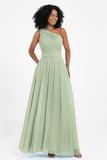 One Shoulder Chiffon Maxi Bridesmaid Dress Ruched Pleated Sleeveless Formal Evening Dresses