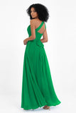 One Shoulder Chiffon Maxi Bridesmaid Dress Ruched Pleated Sleeveless Formal Evening Dresses