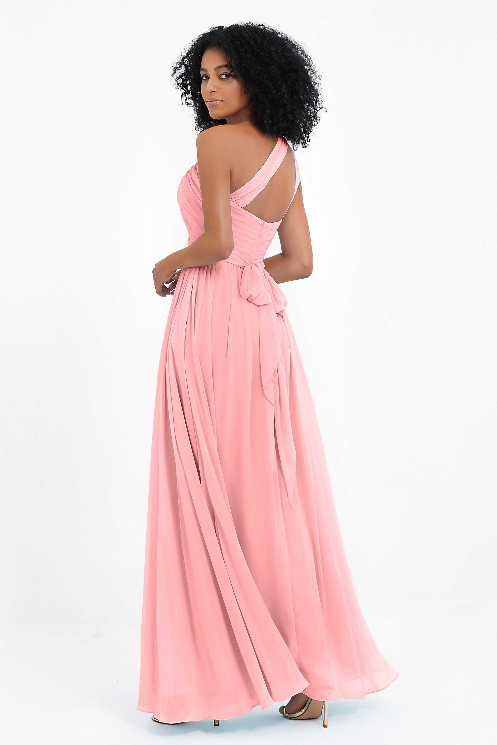 One Shoulder Chiffon Maxi Bridesmaid Dress Ruched Pleated Sleeveless Formal Evening Dresses