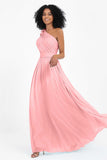 One Shoulder Chiffon Maxi Bridesmaid Dress Ruched Pleated Sleeveless Formal Evening Dresses