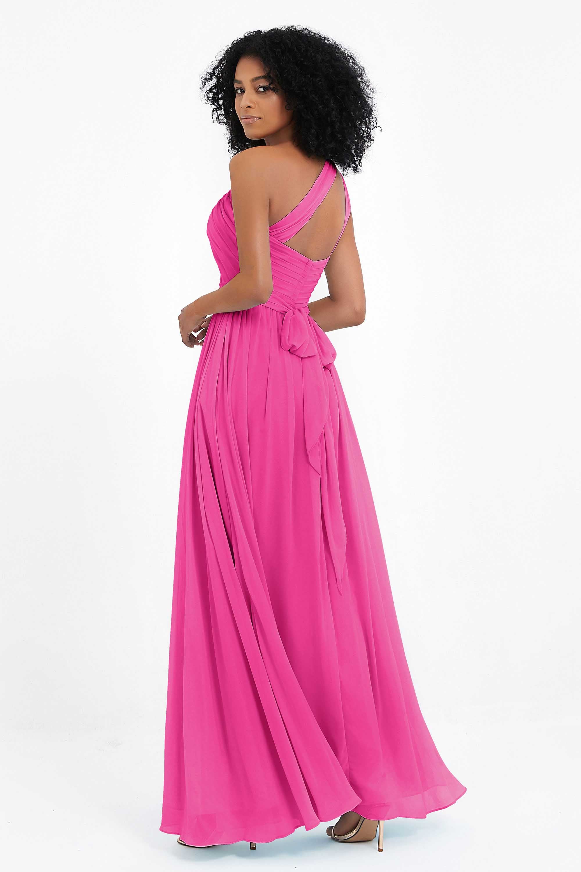 One Shoulder Chiffon Maxi Bridesmaid Dress Ruched Pleated Sleeveless Formal Evening Dresses
